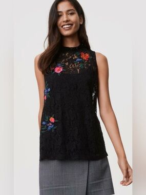 LOFT Black Lace Floral Embroidered Sleeveless Blouse Top Size L Boho Sheer